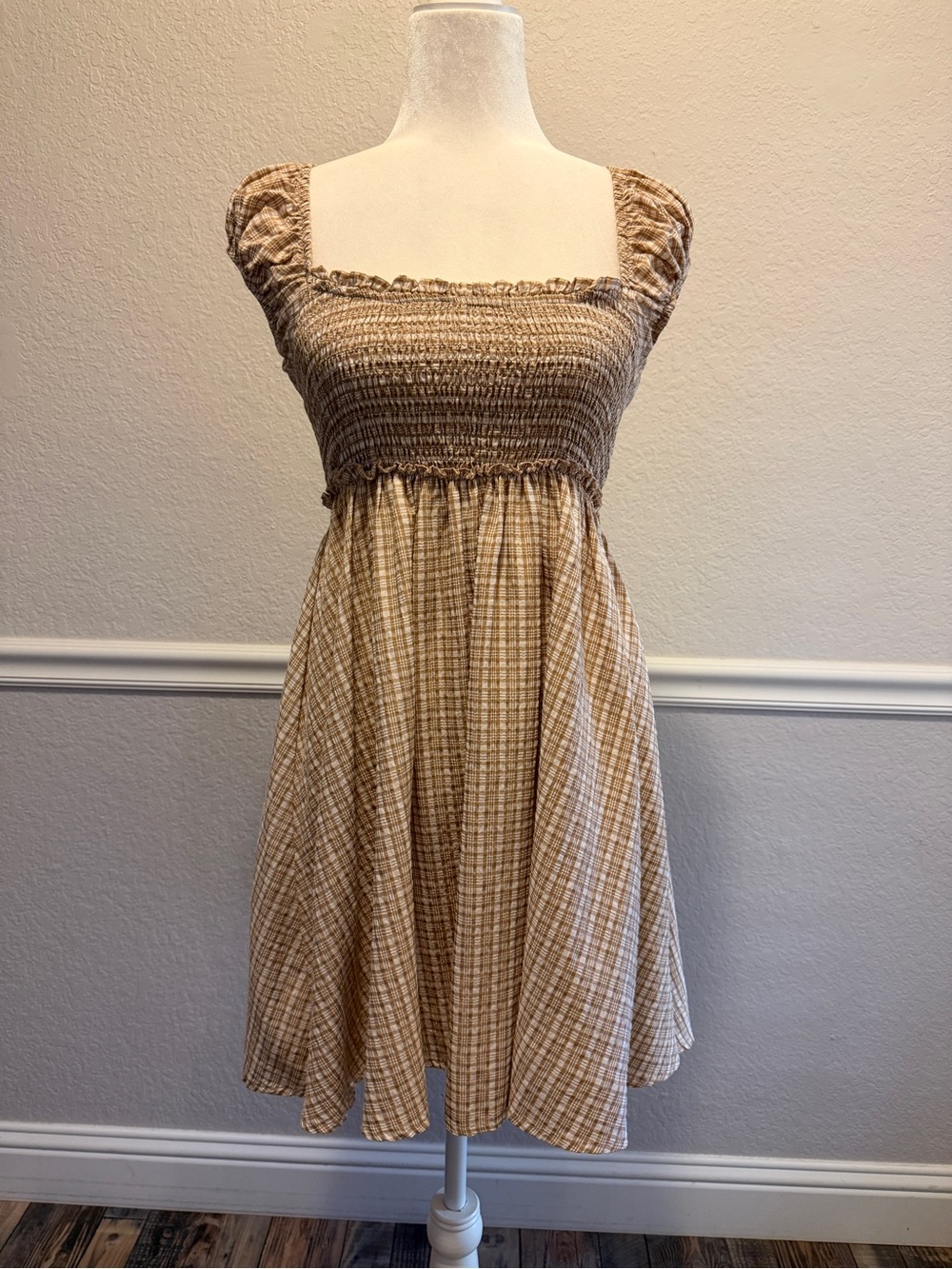 Free People Daphne Novelty Plaid Tie Back square neck Mini Dress Size XS